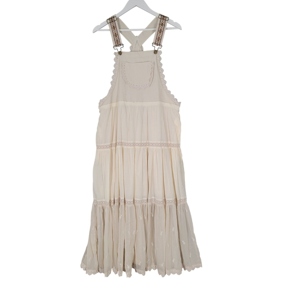 ee:some Western Tiered Maxi Overalls Dress Womens L Cream Boho Embroidered Lace